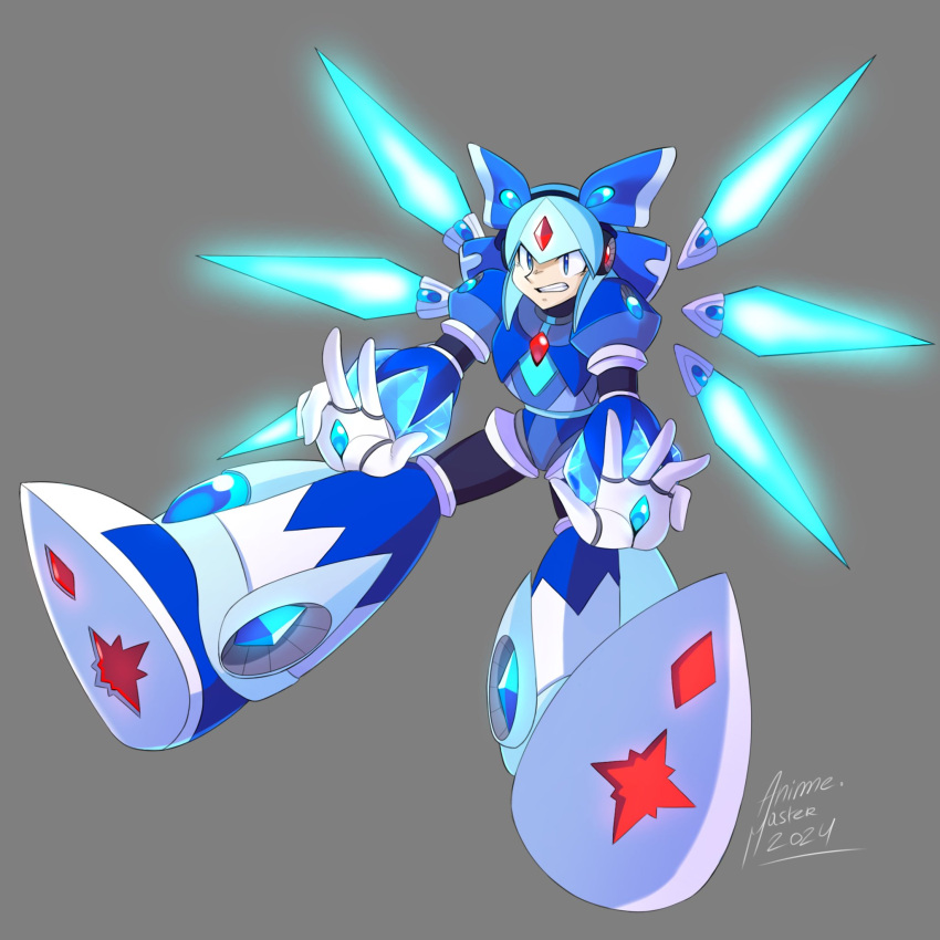 1girl, android, animemaster, aqua_hair, armor, blue_bow, blue_eyes, bow