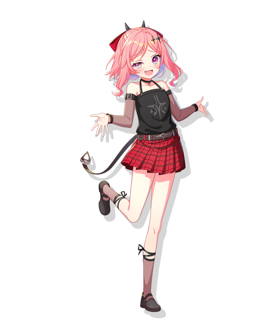 1girl, :d, black_shirt, blush, choker, fudeshima_shigure, full_body, hair_ornament