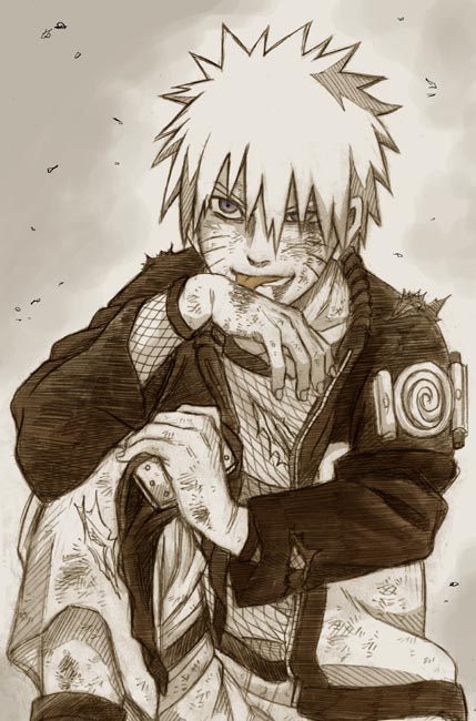 blue_eyes, bruise, fishnets, headband, injury, jinchuuriki, licking, male, monochrome, naruto, nikukuwasero, short_hair, simple_background, sitting, sketch, solo, spiky_hair, spot_color, tongue, torn_clothes, uzumaki_naruto