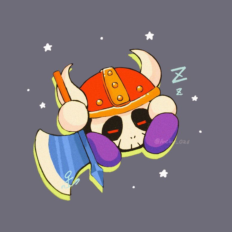 1boy, anchor_026, axe, axe_knight_(kirby), closed_eyes, commentary, fake_horns, grey_background, helmet, holding, holding_axe, holding_weapon, horned_helmet, horns, kirby_(series), kirby_super_star, kirby_super_star_ultra, signature, sitting, skull, sky, sleeping, solo, star_(sky), star_(symbol), starry_sky, symbol-only_commentary, twitter_username, weapon, zzz