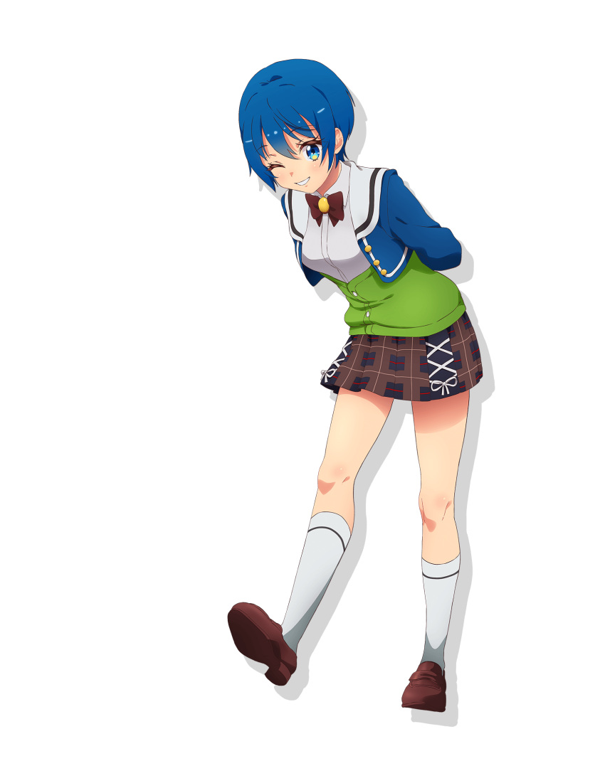 1girl, arms_behind_back, blue_eyes, blue_hair, bow, full_body, highres, jacket