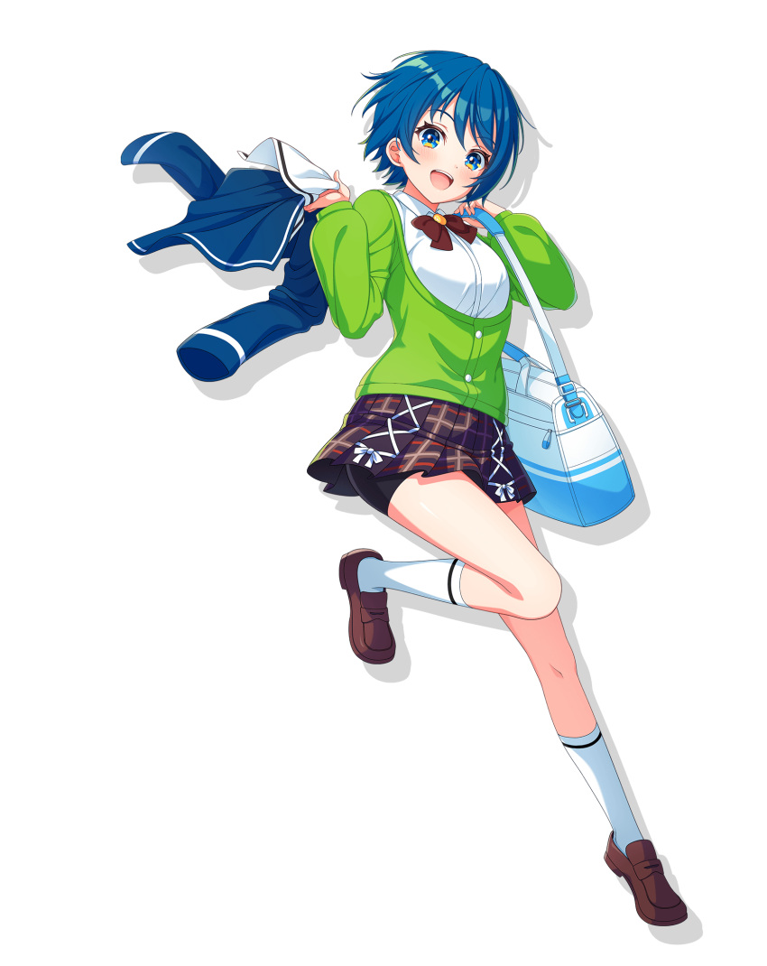 1girl, :d, bag, blue_eyes, blue_hair, bow, breasts, full_body