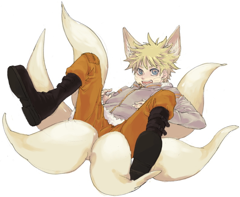 animal_ears, blonde_hair, blue_eyes, boots, falling, fangs, fox_ears, fox_tail