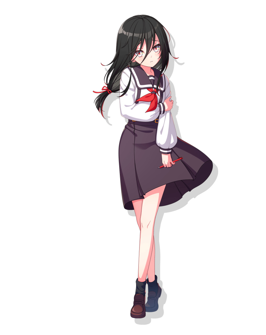 1girl, black_hair, black_skirt, brown_eyes, full_body, hair_between_eyes, hair_ribbon, highres