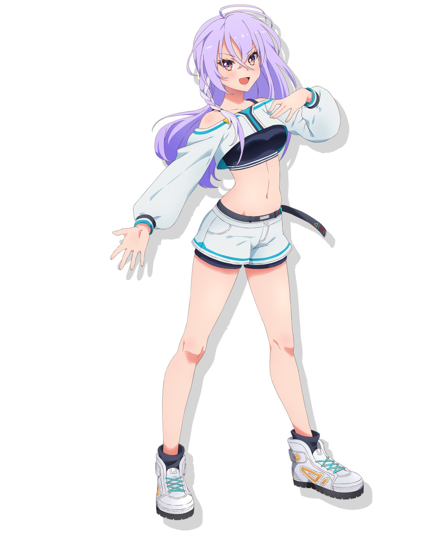 1girl, ahoge, crop_top, full_body, hair_between_eyes, highres, jacket, long_hair