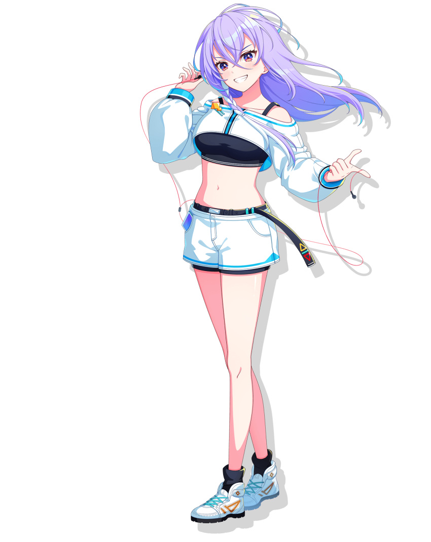 1girl, blue_eyes, breasts, choker, crop_top, full_body, grin, hair_between_eyes