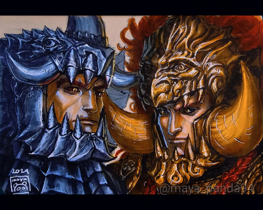 2024, 2boys, @_(symbol), armor, artist_name, berserk, black_border, black_sclera, border, braid, breastplate, colored_sclera, crossover, dated, dragon, elden_ring, fake_horns, gold_armor, gorget, grunbeld_(berserk), helm, helmet, highres, horned_helmet, horns, long_hair, looking_to_the_side, maya_panda, multiple_boys, ornate_armor, red_hair, shoulder_armor, silver_armor, starscourge_radahn, twin_braids, yellow_eyes