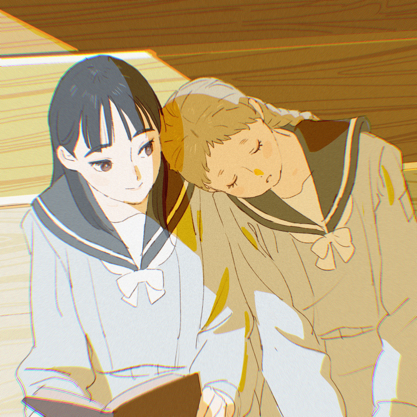 2girls, 55bata6rou, black_hair, black_sailor_collar, blonde_hair, book, braid, brown_eyes