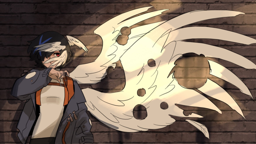 1girl, angel_with_a_shotgun, asymmetrical_wings, black_hair, blue_hair, blue_jacket, blue_streaks, bullet_hole, closed_mouth, devi1beach, english_commentary, feathered_wings, guilty_gear, guilty_gear_strive, guilty_gear_strive:_dual_rulers, hair_over_one_eye, hair_wings, highres, jacket, long_sleeves, looking_at_viewer, meme, multicolored_hair, multiple_wings, open_clothes, open_jacket, red_eyes, shirt, short_hair, solo, streaked_hair, tomboy, turtleneck, unika_(guilty_gear), white_wings, wings