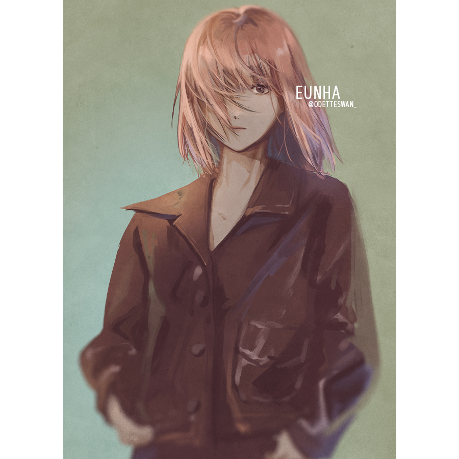 1girl, adirosa, artist_name_(singer), blush_stickers, closed_mouth, commentary, eunha_(gfriend), gfriend, green_background, hair_over_one_eye, hands_in_pockets, looking_at_viewer, pink_hair, real_life, short_hair, simple_background, solo, twitter_username, upper_body