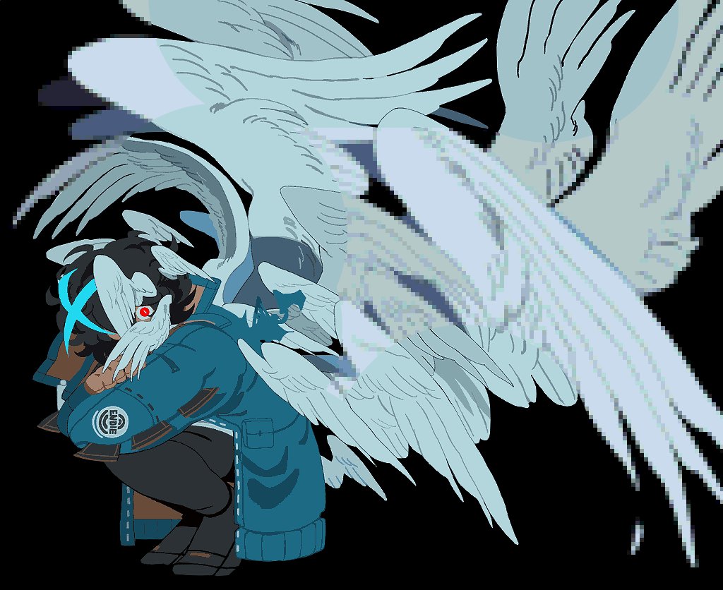 1girl, angel_wings, asymmetrical_wings, black_background, black_hair, blue_hair, blue_jacket, blue_streaks