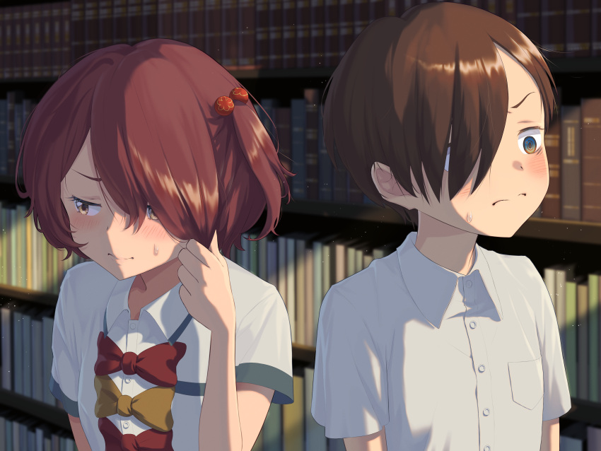 1boy, 1girl, absurdres, blush, boku_no_kokoro_no_yabai_yatsu, bookshelf, bow, bowtie