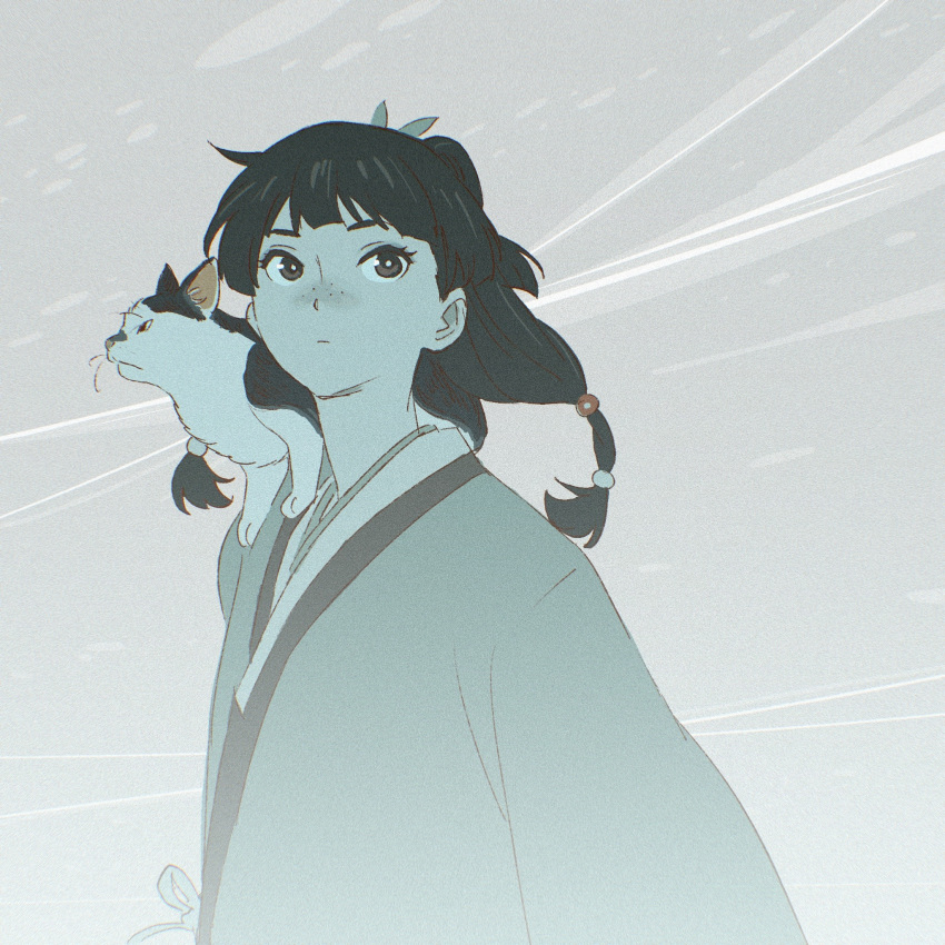 1girl, 55bata6rou, animal, animal_on_shoulder, black_eyes, blunt_bangs, calico_cat, cat