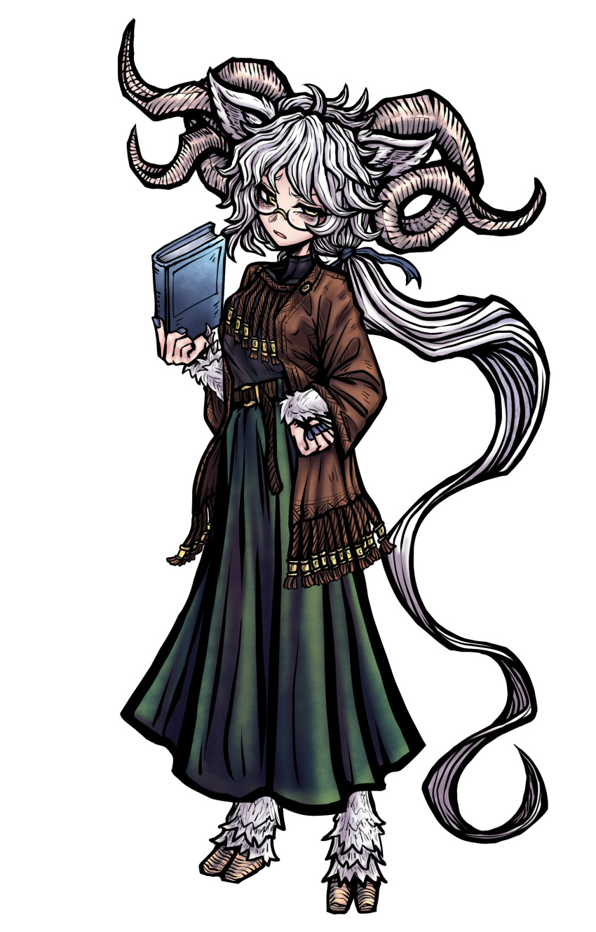 1girl, absurdres, animal_ears, book, commission, curled_horns, full_body, glasses