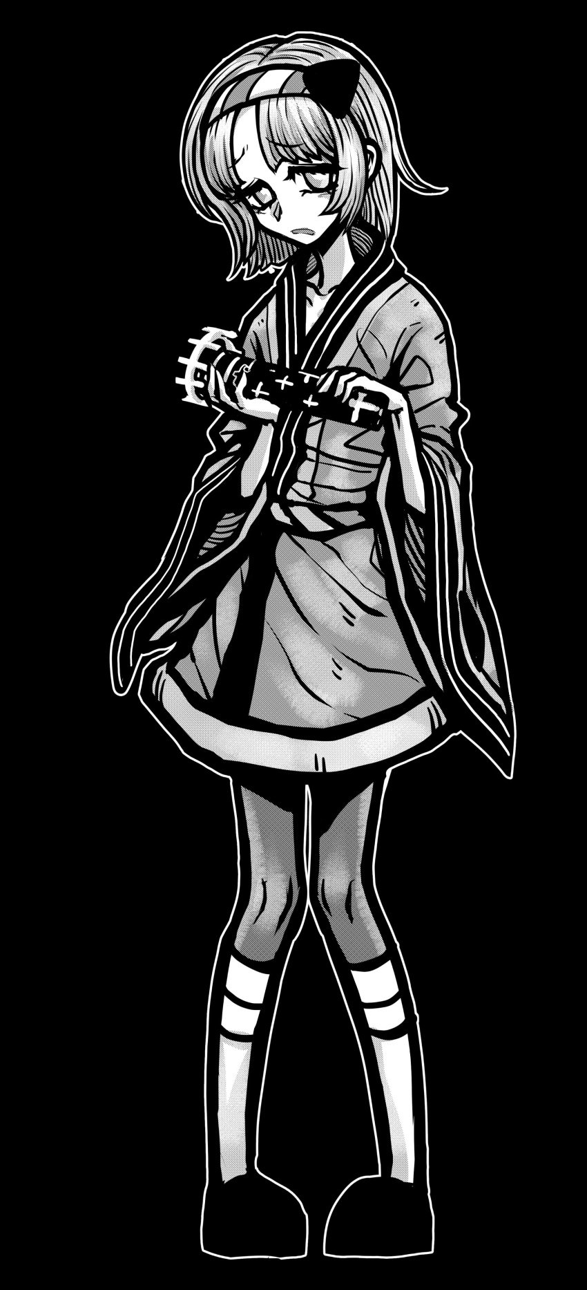 1girl, absurdres, frown, full_body, greyscale, high_contrast, highres, japanese_clothes, katanagatari, kimono, monochrome, nazo_no_diaboro, saraba_kousha, short_hair, simple_background, solo