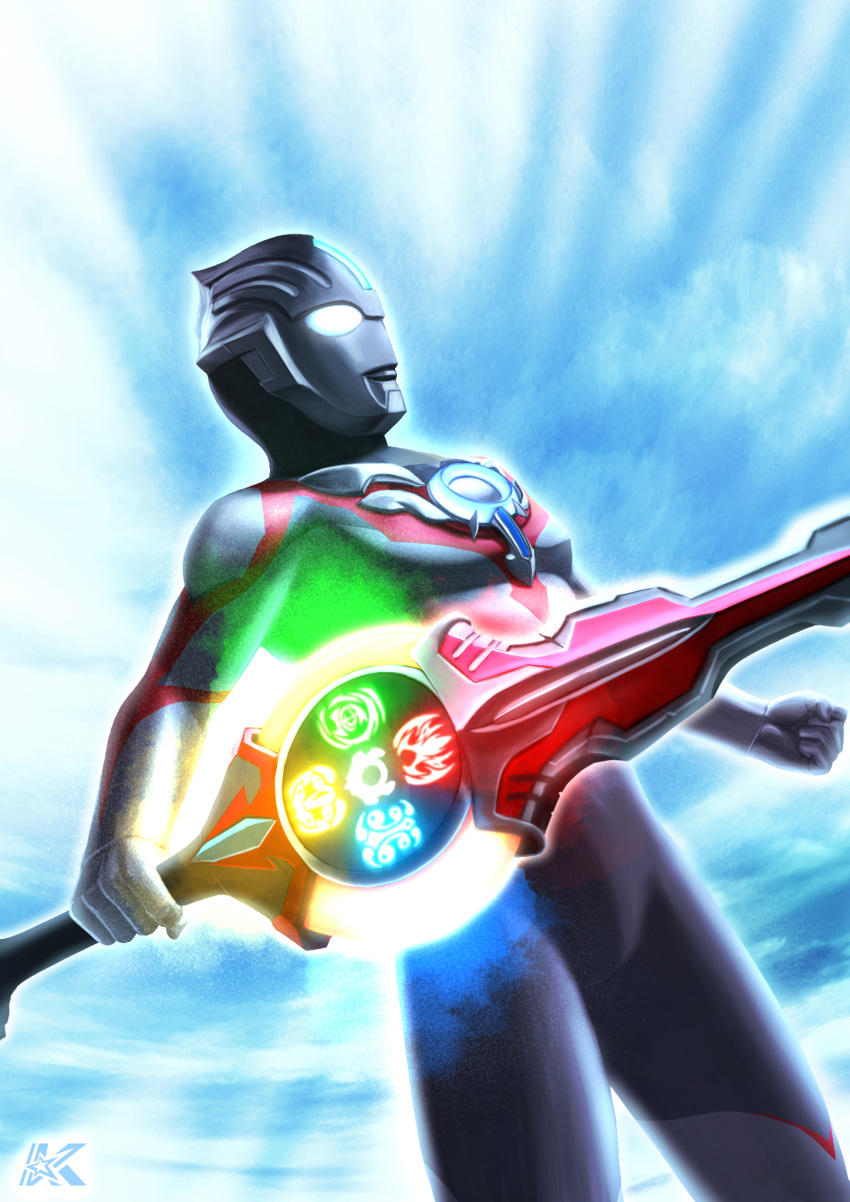 1boy, alien, artist_logo, black_skin, blue_sky, clenched_hands, clouds, cloudy_sky