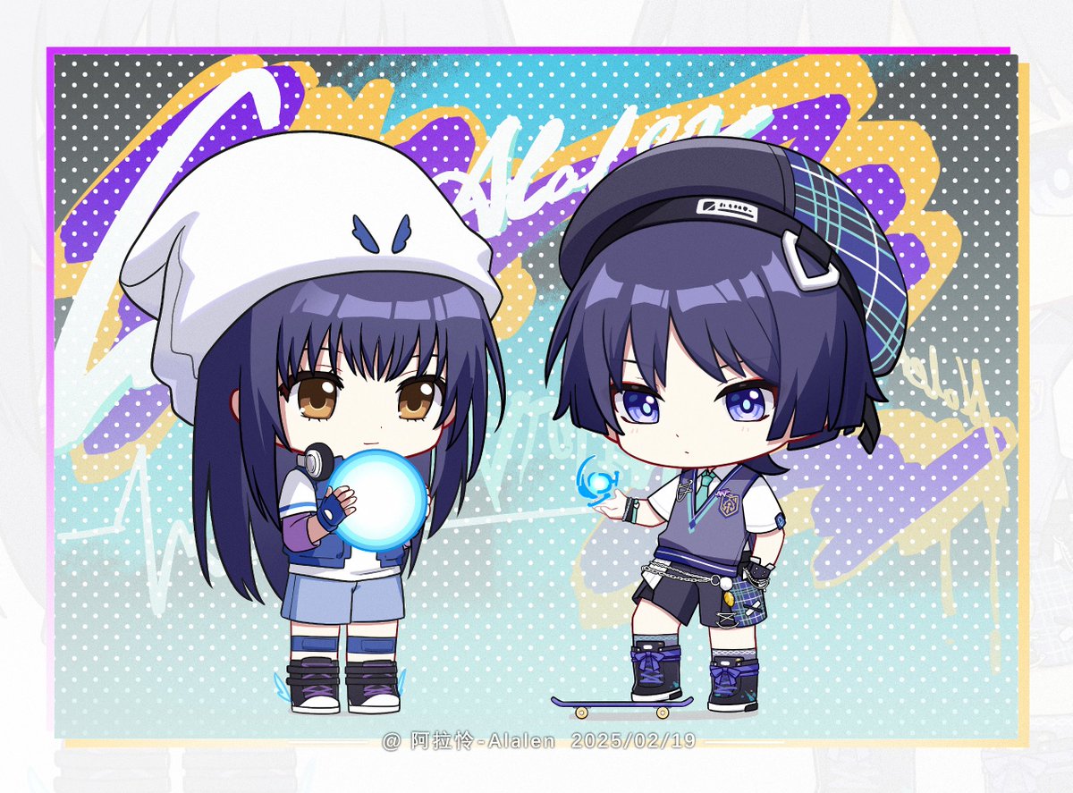 2boys, alalen, alalen_nelala, alternate_costume, aqua_necktie, aqua_trim, arm_at_side, artist_name