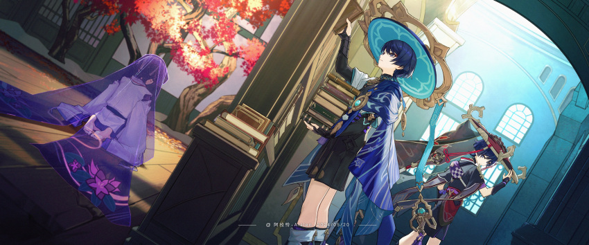 3boys, absurdres, alalen, alalen_nelala, animal_print, aqua_gemstone, arm_at_side, arm_up, armor, artist_name, autumn_leaves, barefoot, bird_print, black_bodysuit, black_bow, black_bridal_gauntlets, black_hair, black_kimono, black_leggings, black_sash, black_shorts, black_sleeves, blue_cape, blue_hat, blunt_ends, bodysuit, book, book_stack, bookshelf, bow, bridal_gauntlets, bright_pupils, cape, clothing_cutout, dated, eyeliner, eyeshadow, facing_away, feathers, floral_print_veil, full_body, furisode, garden, gem, genshin_impact, gold, grey_eyes, grey_veil, hakama, hakama_shorts, hand_up, hat, highres, holding, holding_book, indoors, japanese_armor, japanese_clothes, jingasa, juban, kariginu, kimono, kote, kurokote, layered_sleeves, leaf, leg_warmers, leggings, library, long_sleeves, looking_at_viewer, looking_up, makeup, mandarin_collar, mask_on_hat, multicolored_hair, multiple_boys, multiple_persona, o-ring, pelvic_curtain, pillar, pleated_shorts, pom_pom_(clothes), purple_bag, purple_rope, purple_sash, purple_sleeves, purple_veil, red_eyeliner, red_eyeshadow, red_hat, red_kimono, red_sash, rope, sash, scaramouche_(genshin_impact), scaramouche_(kabukimono)_(genshin_impact), see-through_clothes, see-through_veil, short_sleeves, shorts, shoulder_cutout, standing, streaked_hair, string, tassel, toes, tree, veil, vision_(genshin_impact), wanderer_(genshin_impact), white_hair, white_kimono, white_leg_warmers, white_pupils, white_sleeves, white_trim, window, wooden_floor, yellow_feathers