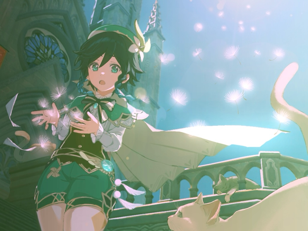 1boy, anemo_symbol_(genshin_impact), beret, black_hair, blue_sky, braid, cat, cathedral, commentary, cowboy_shot, dandelion_seed, european_architecture, facing_viewer, floating_cape, flower, genshin_impact, gradient_hair, green_eyes, green_hat, green_shorts, hat, hat_flower, lastweek_1, long_sleeves, looking_at_animal, male_focus, multicolored_hair, open_mouth, outdoors, shirt, short_hair_with_long_locks, shorts, sky, solo, twin_braids, venti_(genshin_impact), vision_(genshin_impact), white_flower, white_shirt, wind
