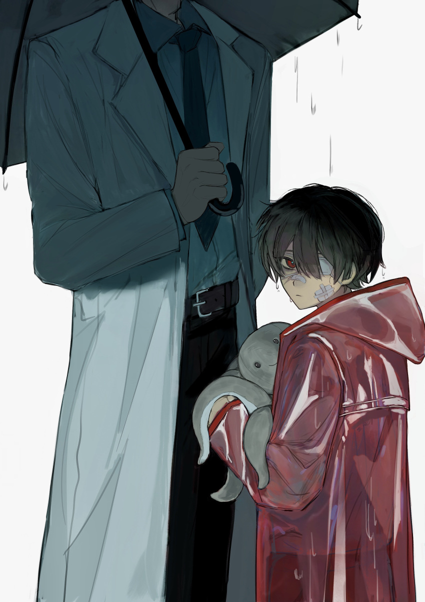 2boys, absurdres, aged_down, alternate_costume, alternate_universe, bandaid, bandaid_on_cheek, bandaid_on_face, bandaid_on_nose, belt, belt_buckle, black_belt, black_hair, black_pants, blue_necktie, blue_shirt, buckle, ch189615, chinese_commentary, closed_mouth, coat, collared_shirt, contemporary, dao_gui_yi_xian, eyepatch, hair_between_eyes, head_out_of_frame, height_difference, highres, holding, holding_stuffed_toy, holding_umbrella, hood, hood_down, hooded_coat, implied_yaoi, lab_coat, li_huowang, li_huowang_(modern_world), long_sleeves, looking_at_viewer, male_focus, medical_eyepatch, multiple_boys, necktie, octopus, official_alternate_hair_length, official_alternate_hairstyle, one_eye_covered, open_clothes, open_coat, pants, qing_wanglai, rain, raincoat, red_coat, red_eyes, scar, scar_on_face, see-through_clothes, see-through_coat, shirt, short_hair, simple_background, standing, stuffed_animal, stuffed_toy, umbrella, wet, wet_clothes, wet_hair, white_background, white_coat