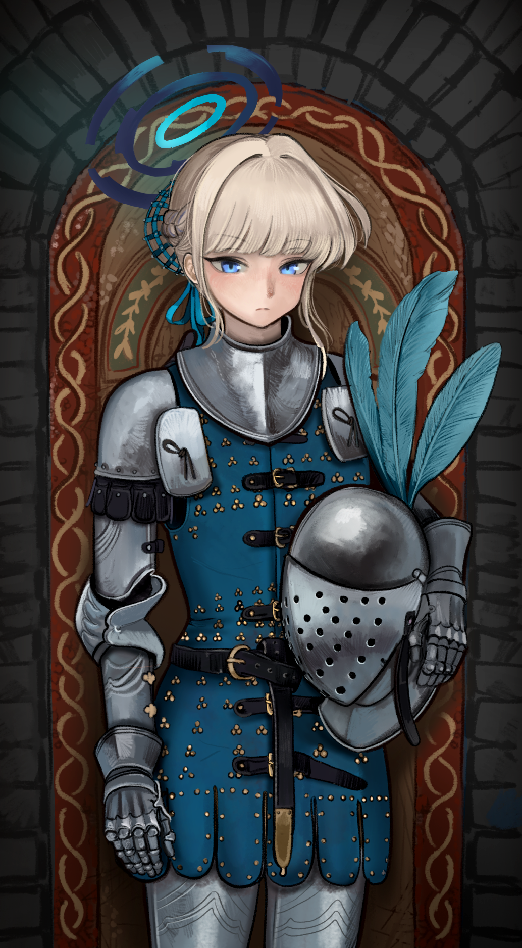 1girl, alternate_costume, armor, blonde_hair, blue_archive, blue_eyes, blush, brigandine_(armor)