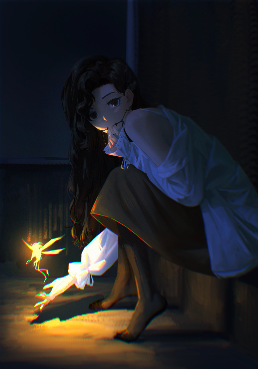 1girl, absurdres, black_eyes, black_skirt, braces, chromatic_aberration, dark, fairy