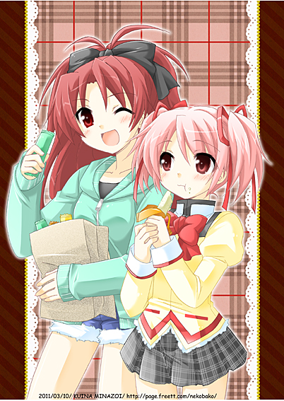 2girls, bow, denim, denim_shorts, eating, hair_bow, hair_ribbon, kaname_madoka