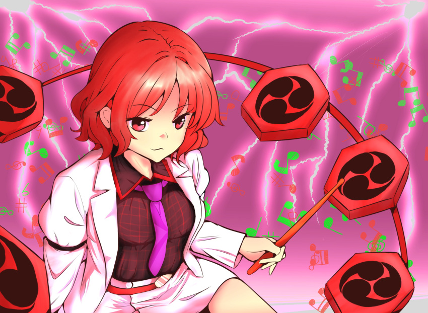 1girl, belt, black_shirt, burukyu, closed_mouth, commentary, commission, drumsticks