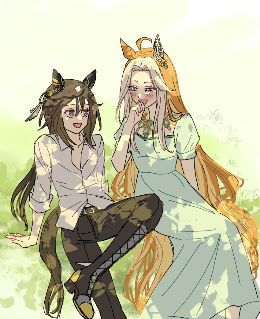 2girls, ahoge, animal_ears, belt, boots, brown_hair, collarbone, collared_shirt, dress, ear_covers, feather_hair_ornament, feathers, figure_four_sitting, gown, green_dress, hair_intakes, hair_ornament, highres, horse_ears, horse_girl, jewelry, knee_boots, lace-up_boots, low_ponytail, midriff_peek, multicolored_hair, multiple_girls, necklace, no_coat, on_grass, orange_hair, oriental_art_(racehorse), original, outdoors, partially_unbuttoned, personification, ponytail, reimei_(hokanko_i), shirt, sidelocks, single_ear_cover, sitting, sketch, star-shaped_pupils, star_(symbol), stay_gold_(umamusume), symbol-shaped_pupils, two-tone_hair, umamusume, violet_eyes, white_hair, white_shirt, yuri