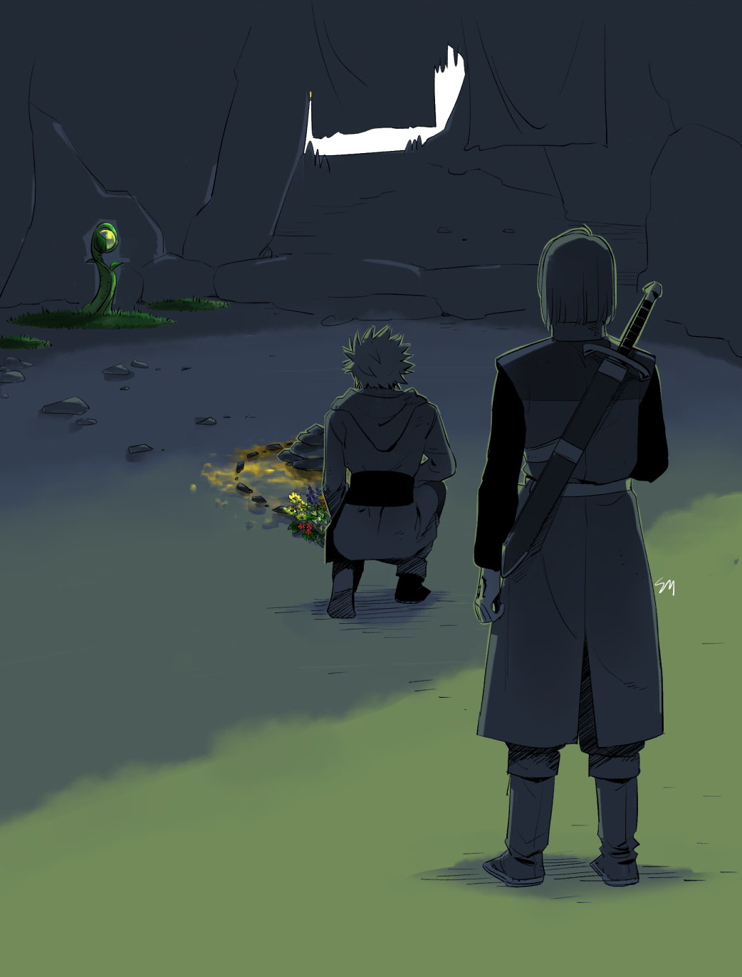 2boys, alternate_universe, boots, bouquet, camus_(dq11), cave, commentary_request, cropped_shirt