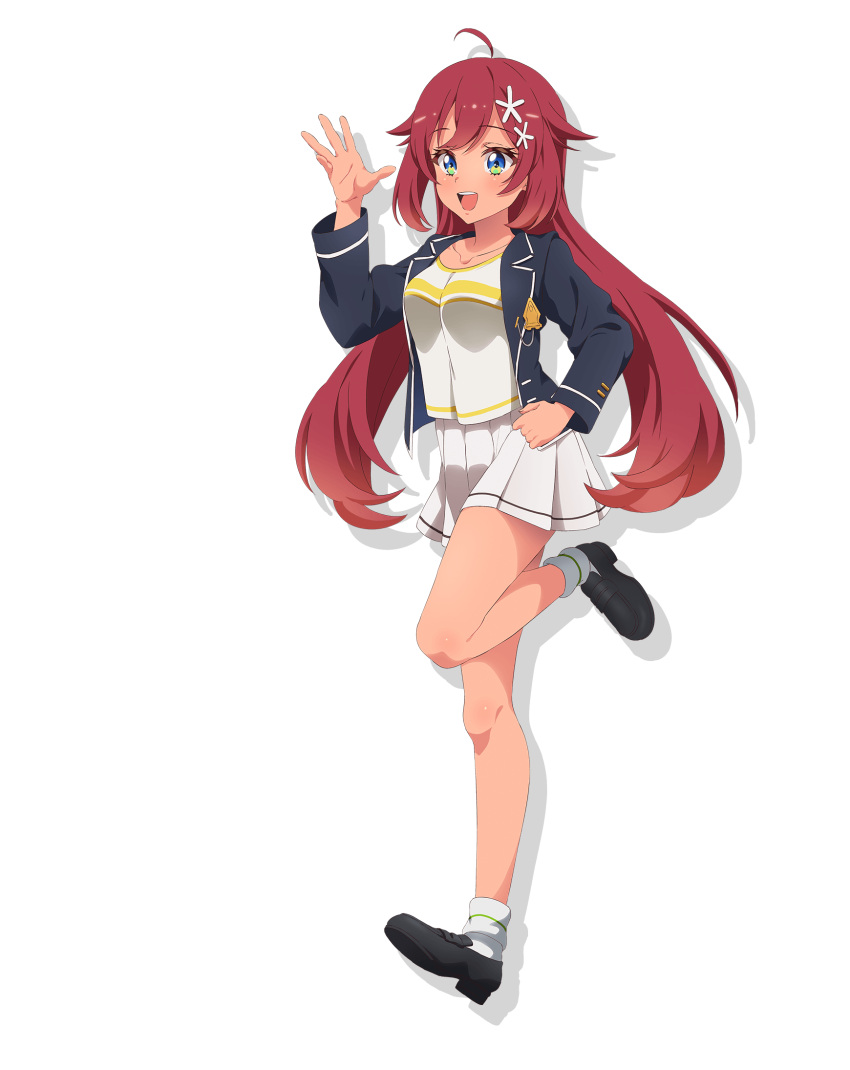 1girl, :d, ahoge, aqua_eyes, full_body, hair_ornament, hand_on_own_hip, highres