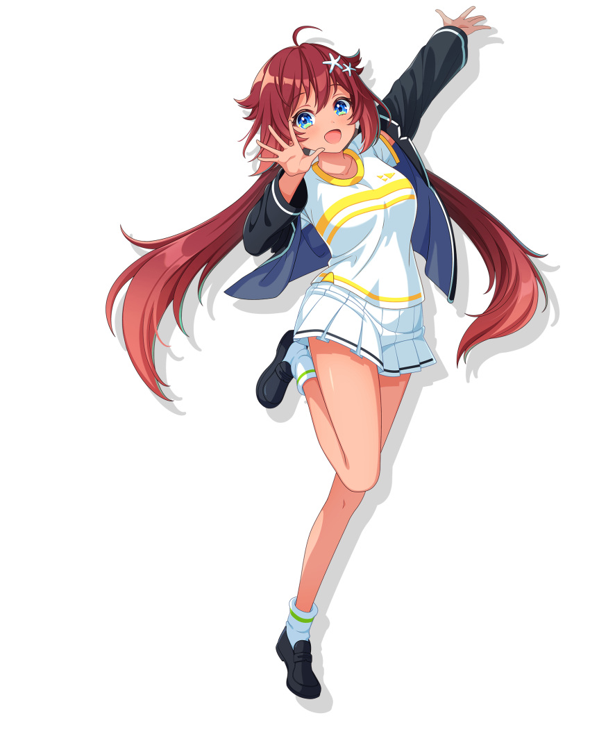 1girl, ahoge, blue_eyes, breasts, full_body, hair_ornament, highres, leg_up