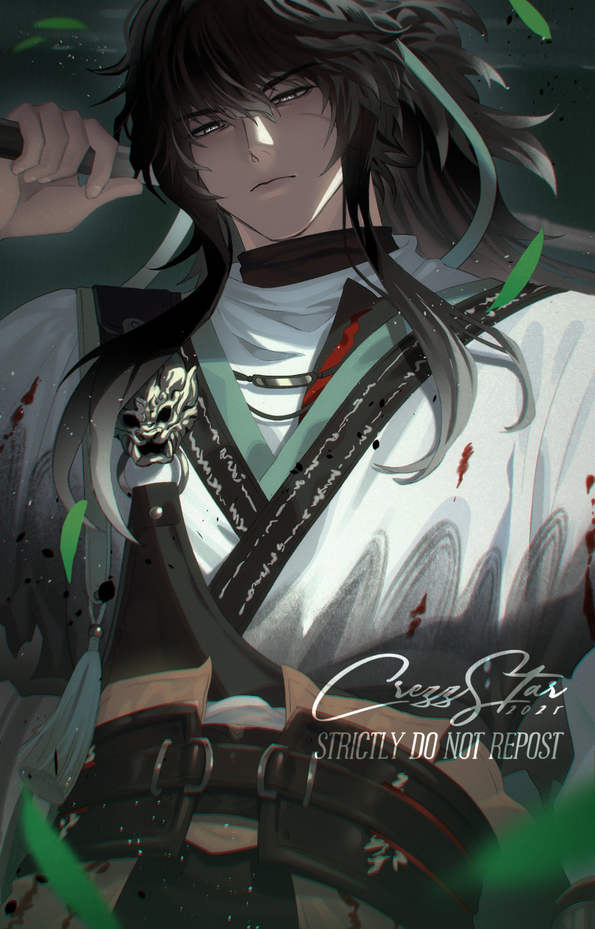 1boy, absurdres, black_hair, closed_mouth, crezz_(infj_crezz), expressionless, gradient_hair, green_ribbon, greyscale, hair_ornament, highres, holding, holding_staff, long_hair, looking_at_viewer, male_focus, monochrome, multicolored_hair, qiuyuan_(wuthering_waves), ribbon, scar, scar_on_face, sidelocks, solo, staff, upper_body, wuthering_waves
