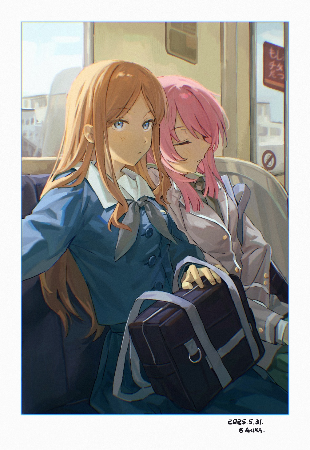 2girls, bag, bang_dream!, bang_dream!_it's_mygo!!!!!, black_bag, blue_eyes, blue_shirt, blue_skirt