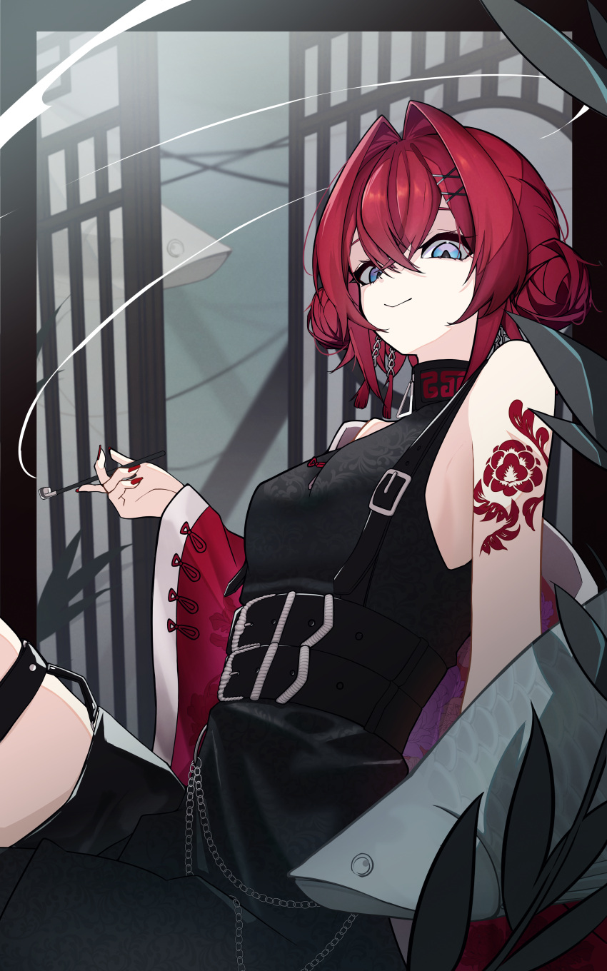 1girl, absurdres, ange_katrina, ange_katrina_(7th_costume), arm_support, arm_tattoo, armpit_crease, ayasaki0999, bare_shoulders, belt, black_belt, black_dress, blue_eyes, breasts, chain, china_dress, chinese_clothes, closed_mouth, collared_dress, commentary, cowboy_shot, crossed_bangs, double_bun, dress, fish, from_side, hair_between_eyes, hair_bun, hair_intakes, hair_ornament, hand_up, highres, holding, holding_smoking_pipe, jacket, jacket_partially_removed, kiseru, looking_at_viewer, looking_down, multiple_belts, nail_polish, nijisanji, plant, red_hair, red_jacket, red_nails, short_dress, sidelocks, sitting, sleeveless, sleeveless_dress, small_breasts, smile, smoking_pipe, solo, tattoo, thigh_strap, virtual_youtuber, x_hair_ornament