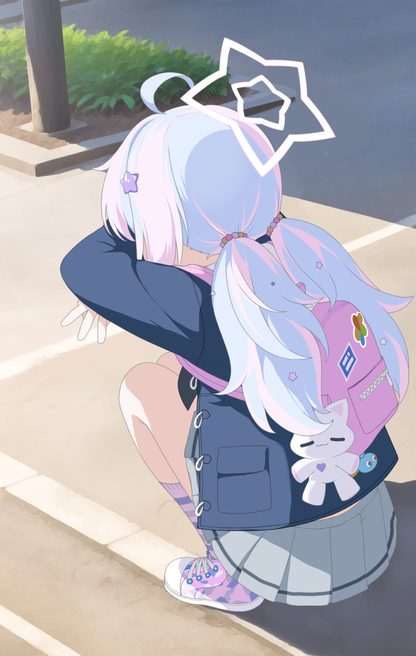 1girl, ahoge, aqua_hair, back, blue_archive, blue_jacket, cat_shadow_puppet_(meme), didac_fantasy