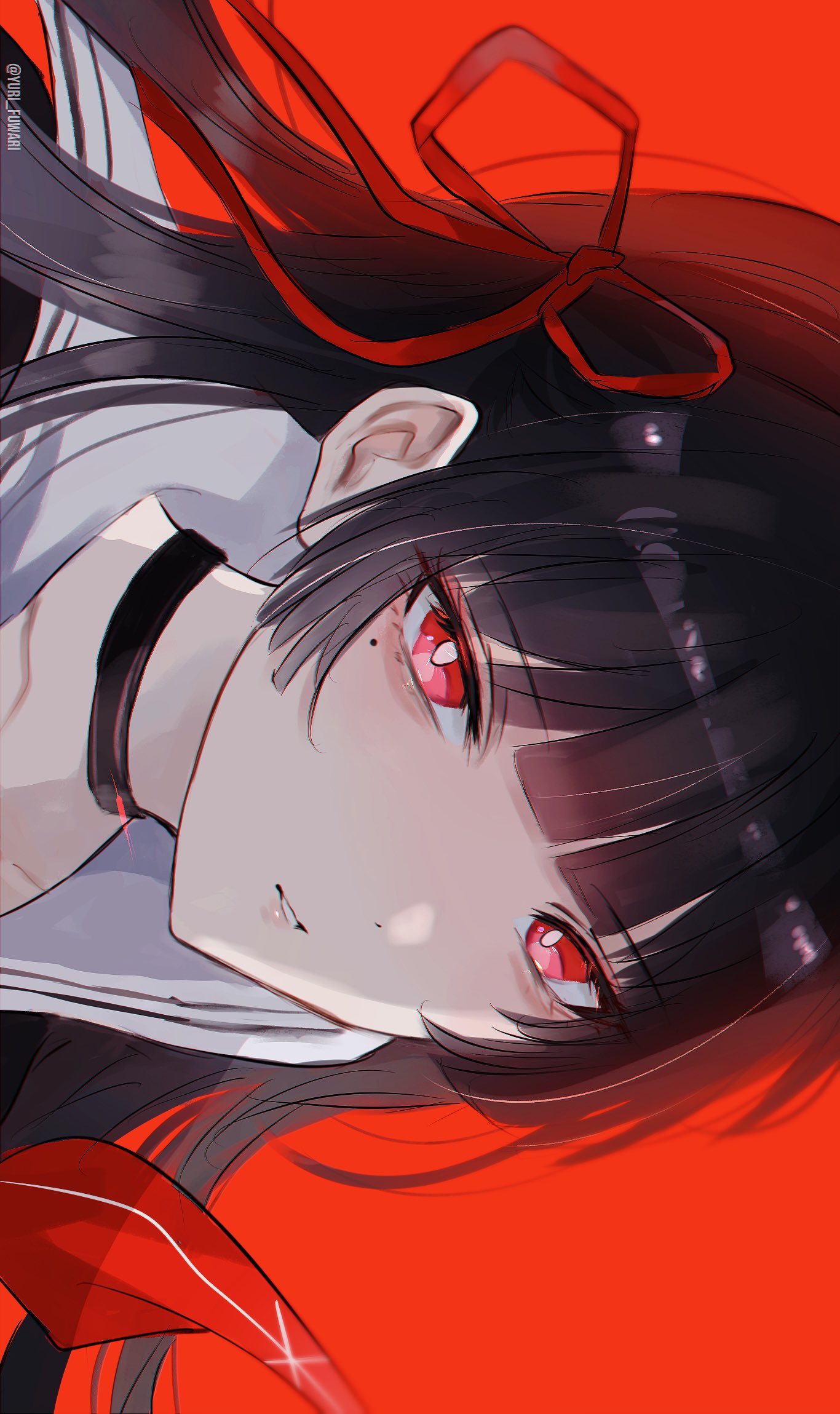 1girl, bags_under_eyes, black_choker, black_hair, chisa_(wuthering_waves), choker, collarbone, commentary_request, hair_ribbon, highres, hime_cut, long_hair, looking_at_viewer, mole, mole_under_eye, parted_lips, portrait, red_background, red_eyes, red_ribbon, ribbon, sideways, simple_background, solo, wu_yuuri, wuthering_waves