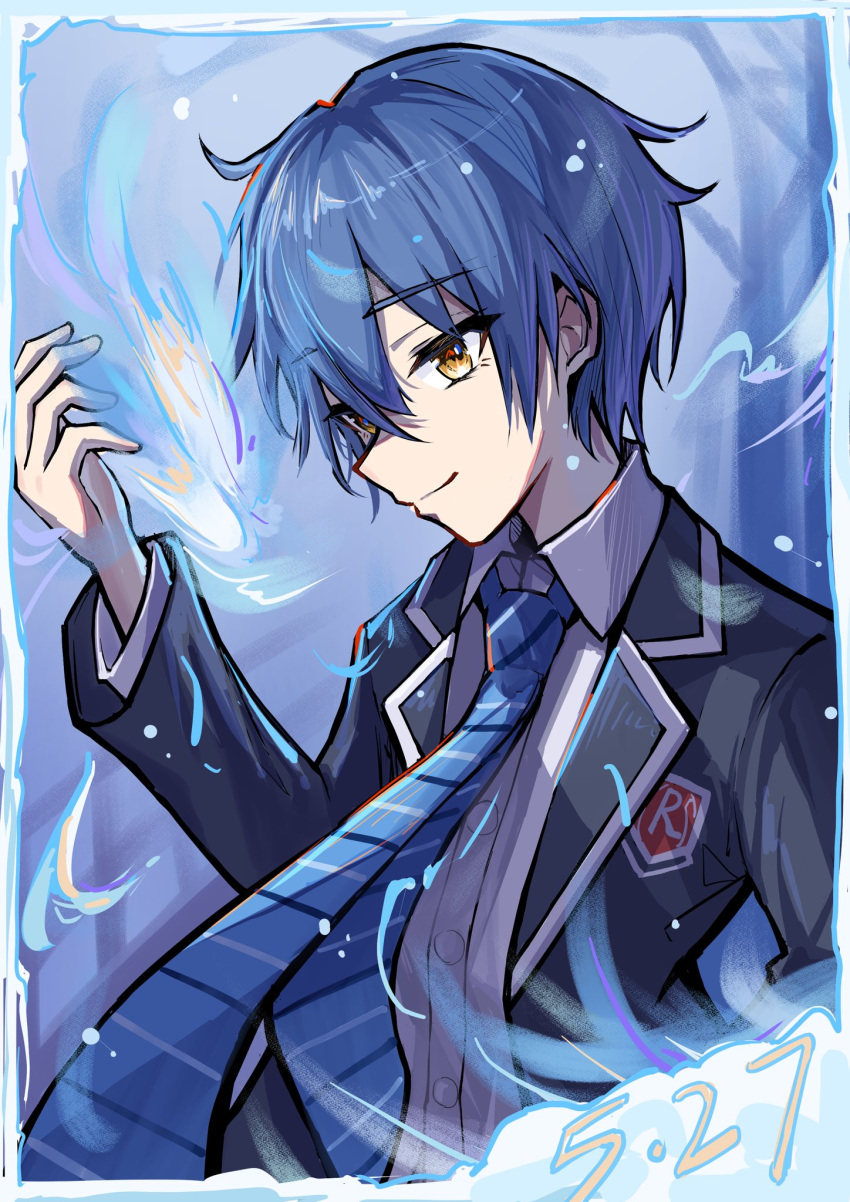 1boy, blazer, blue_hair, blue_necktie, brown_eyes, collared_shirt, date_a_live, hair_between_eyes