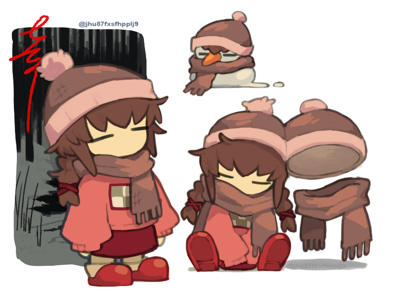 2girls, =_=, braid, brown_hair, brown_scarf, chibi, chibi_only, closed_eyes