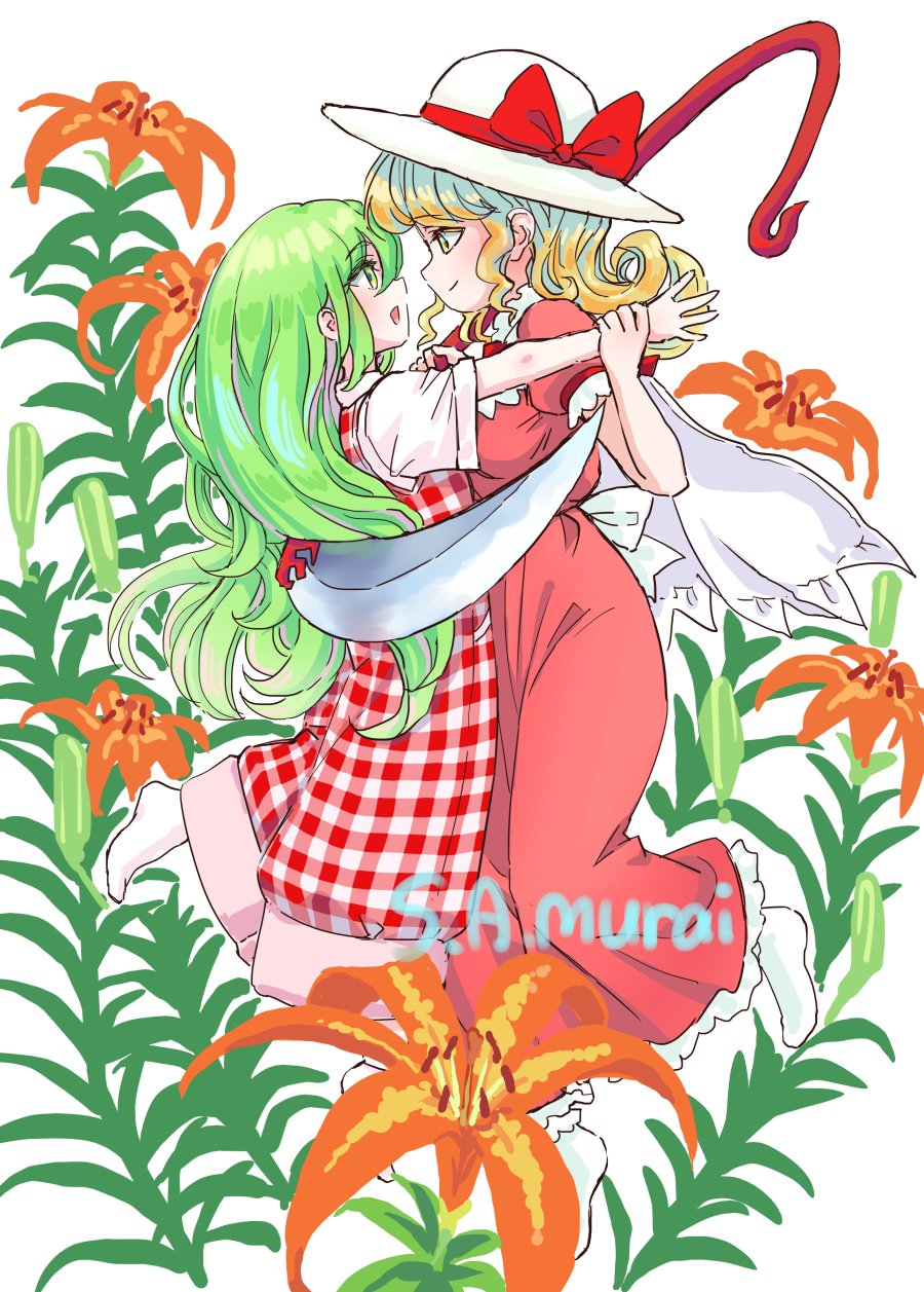 2girls, artist_name, blonde_hair, bow, capelet, commentary_request, dress, elly_(touhou), flower, flower_request, frilled_dress, frills, green_eyes, green_hair, hat, hat_bow, highres, holding, holding_another's_wrist, holding_scythe, hug, kazami_yuuka, kazami_yuuka_(pc-98), long_hair, medium_hair, multiple_girls, pants, plaid_clothes, plaid_pants, plaid_vest, red_bow, red_dress, red_pants, red_vest, s-a-murai, scythe, shirt, short_sleeves, socks, touhou, touhou_(pc-98), vest, white_capelet, white_hat, white_shirt, white_socks, yellow_eyes, yuri