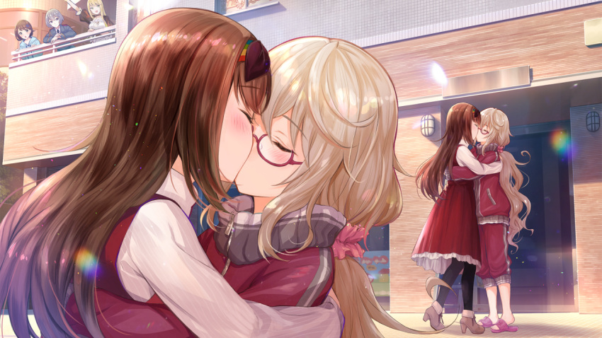 5girls, arm_up, black_pantyhose, blonde_hair, blue_hoodie, blush, boots, brown_boots
