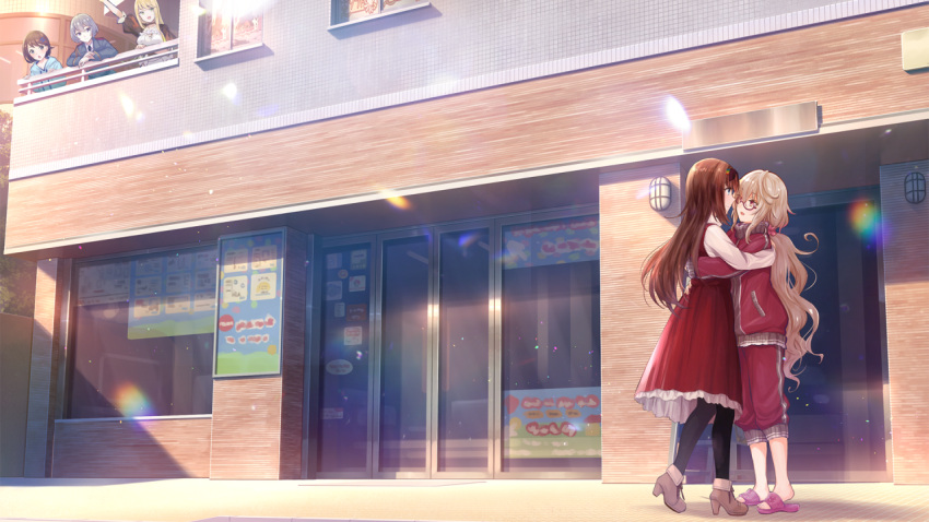 5girls, arm_up, black_pantyhose, blonde_hair, blue_hoodie, boots, brown_boots, brown_hair
