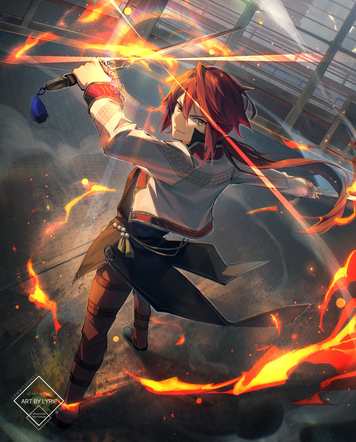 aaron_wei, commission, double-parted_bangs, dual_wielding, eiyuu_densetsu, english_commentary, english_text, fire