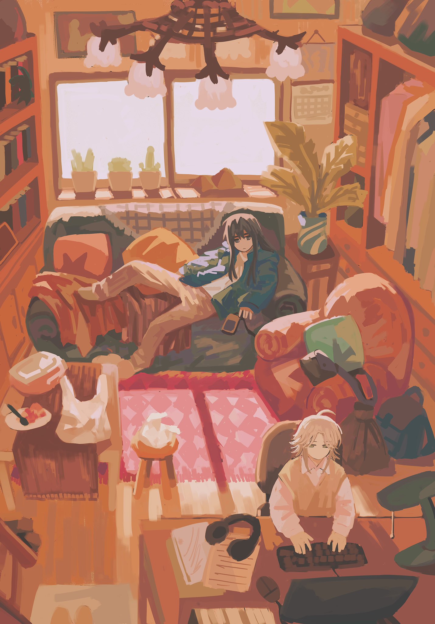 1girl, 1other, ambiguous_gender, armchair, black_hair, blonde_hair, blue_jacket, bookshelf