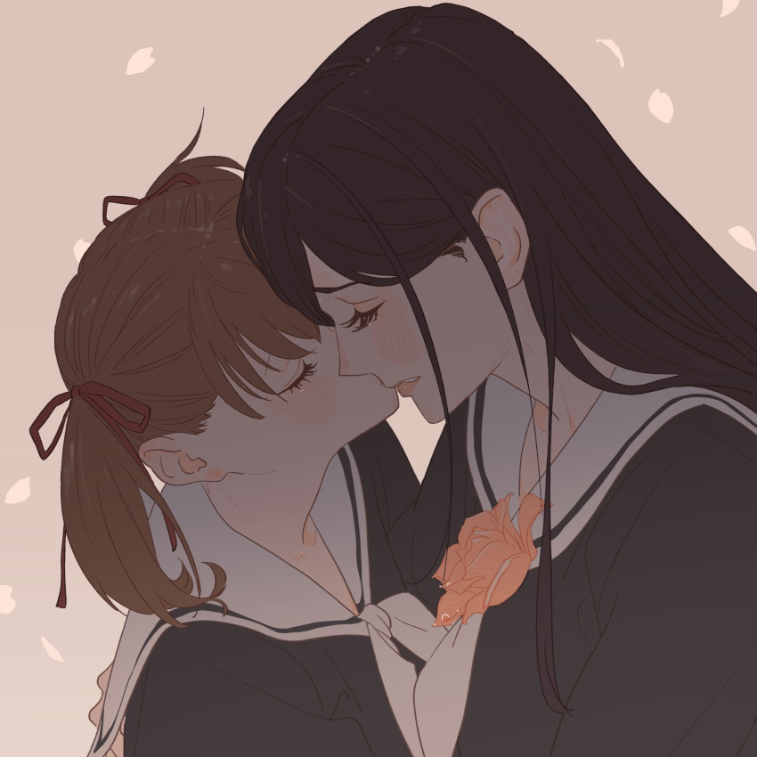 2girls, 55bata6rou, black_hair, black_shirt, brown_hair, closed_eyes, flower, from_side, fukuzawa_yumi, grey_background, hair_ribbon, highres, kiss, lillian_girls'_academy_school_uniform, long_hair, maria-sama_ga_miteru, multiple_girls, neckerchief, ogasawara_sachiko, parted_lips, petals, profile, ribbon, rose, sailor_collar, school_uniform, shirt, short_hair, tearing_up, twintails, upper_body, white_neckerchief, white_sailor_collar, yuri
