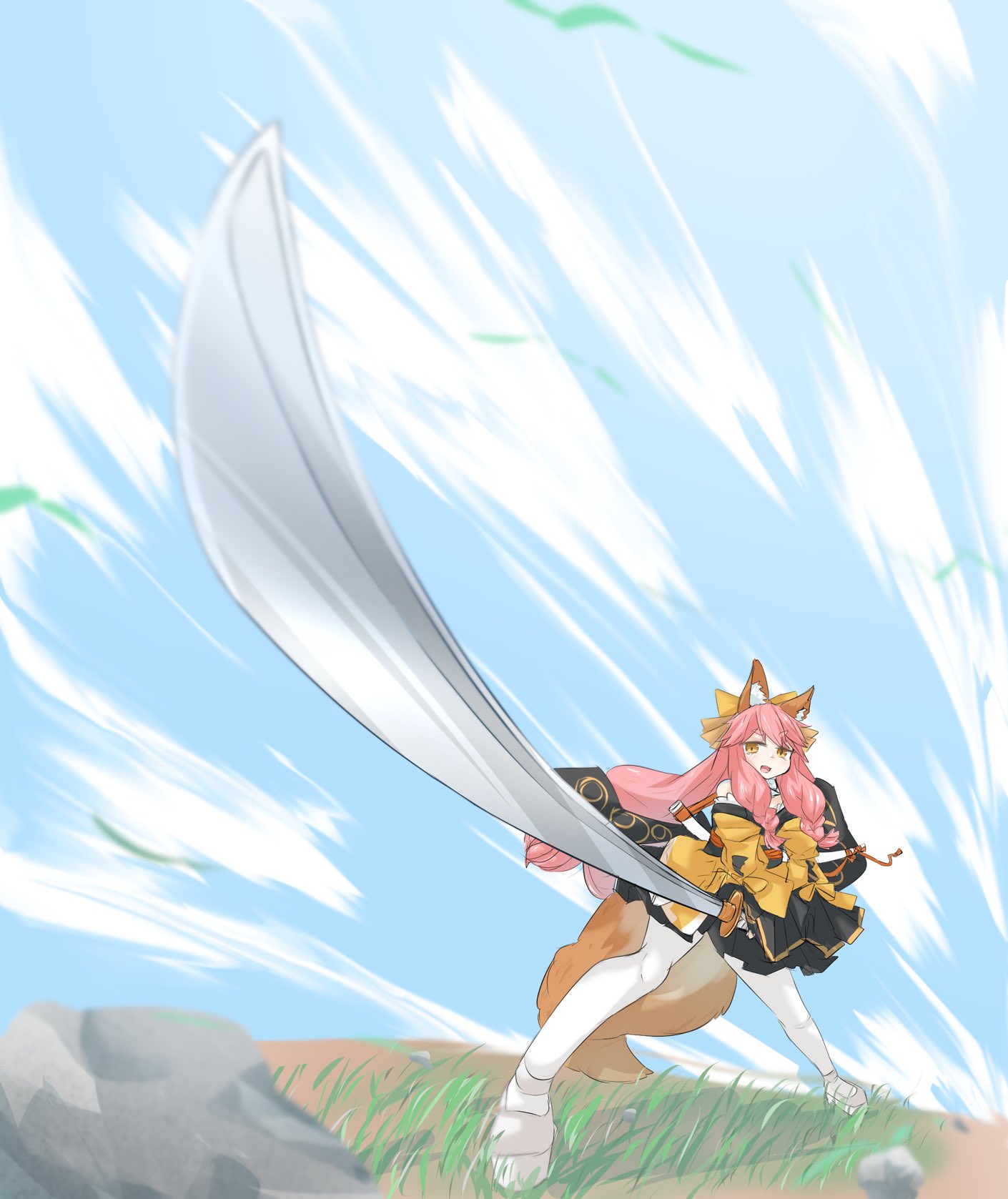 animal_ear_fluff, animal_ears, bow, braided_sidelock, fate/samurai_remnant, fate_(series), foreshortening, fox_ears