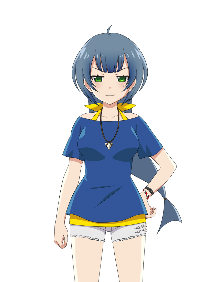 1girl, ahoge, arm_at_side, blue_hair, blue_shirt, bracelet, closed_mouth, collarbone