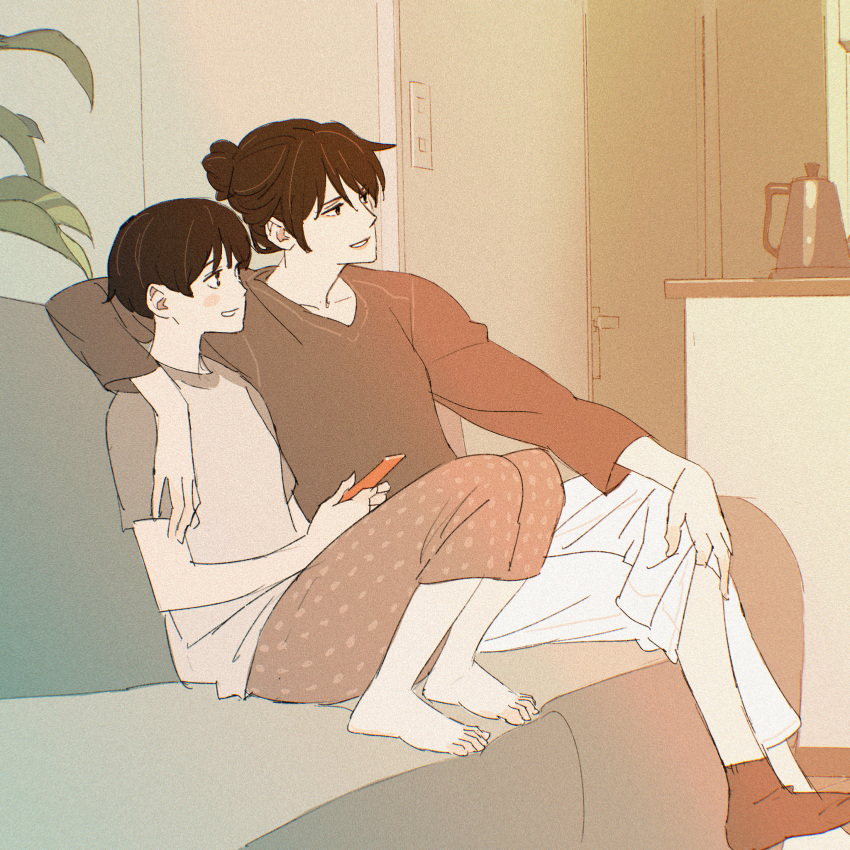 2girls, 55bata6rou, arm_around_neck, aunt_and_niece, barefoot, black_hair, black_socks, couch, hand_on_own_leg, highres, holding, holding_phone, ikoku_nikki, indoors, knees_up, koudai_makio, looking_at_another, multiple_girls, on_couch, pants, phone, plant, raglan_sleeves, shirt, short_hair, sitting, smile, socks, takumi_asa