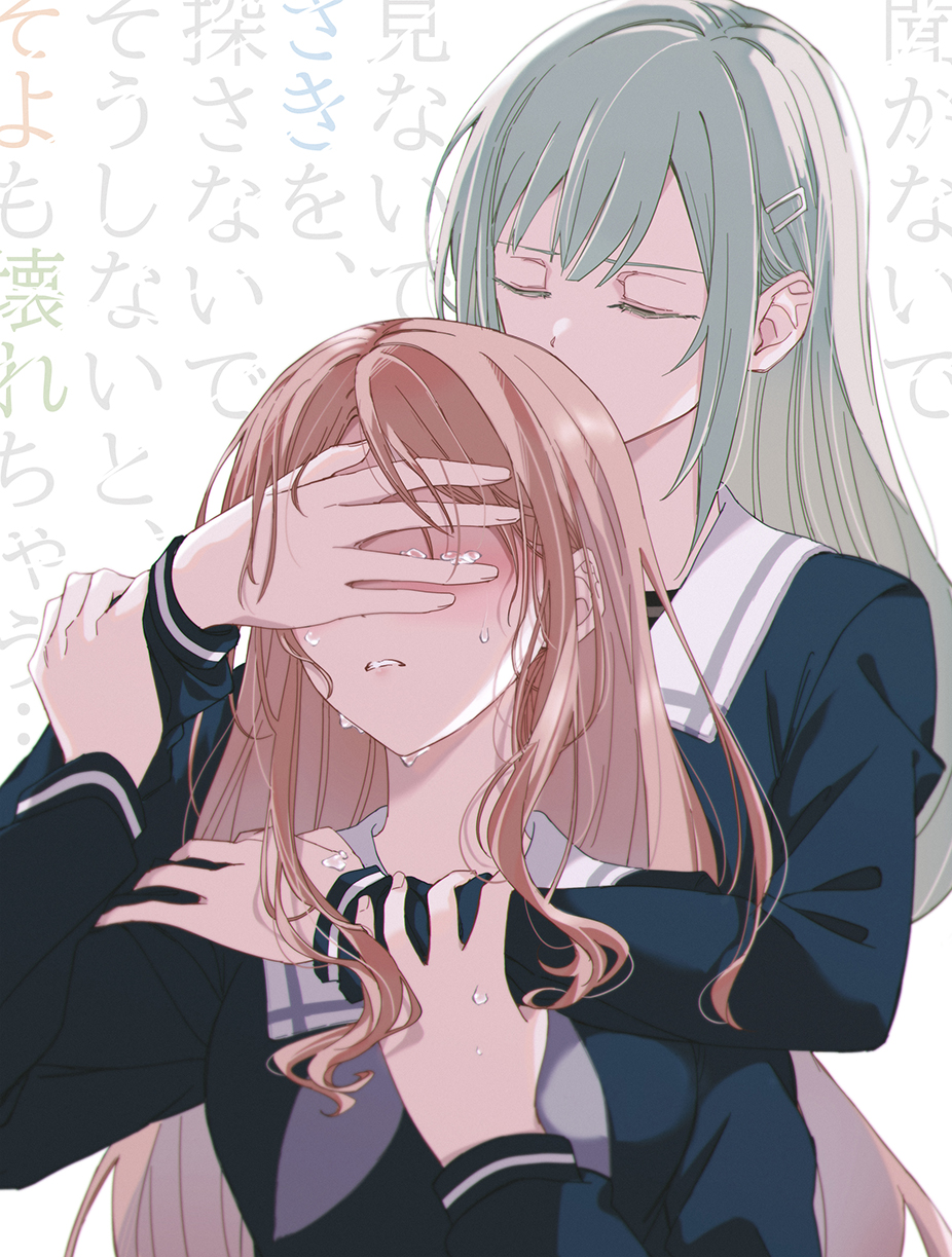 2girls, arm_around_shoulder, bang_dream!, bang_dream!_it's_mygo!!!!!, behind_another, blue_shirt, breasts, brown_hair