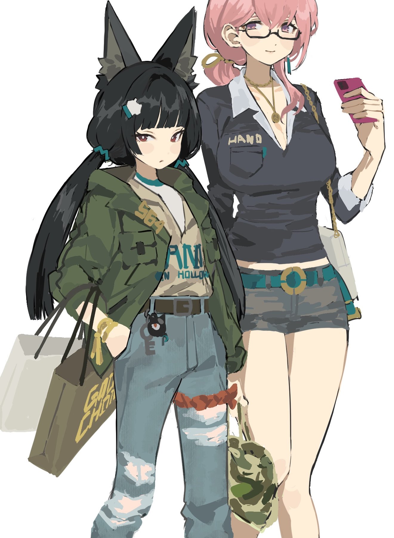 2girls, alternate_costume, alternate_hairstyle, animal_ear_fluff, animal_ears, black_hair, closed_mouth, cowboy_shot